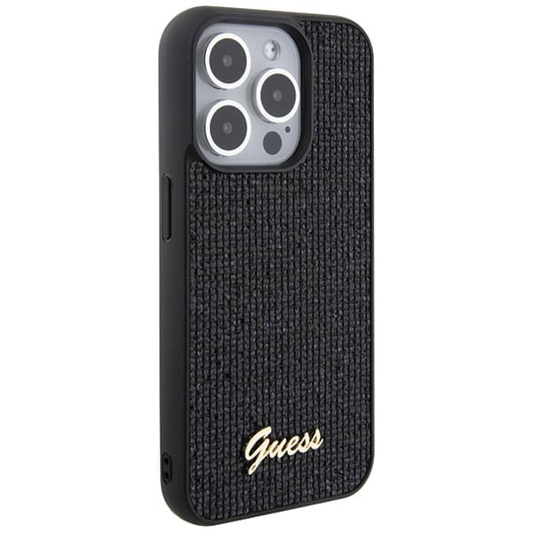 Guess Disco Metal Script -suojakuori iPhone 15 Prolle, musta
