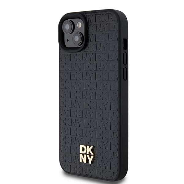 DKNY Lædermonogrammønster Metal Logo MagSafe-etui til iPhone 15 Plus, Sort
