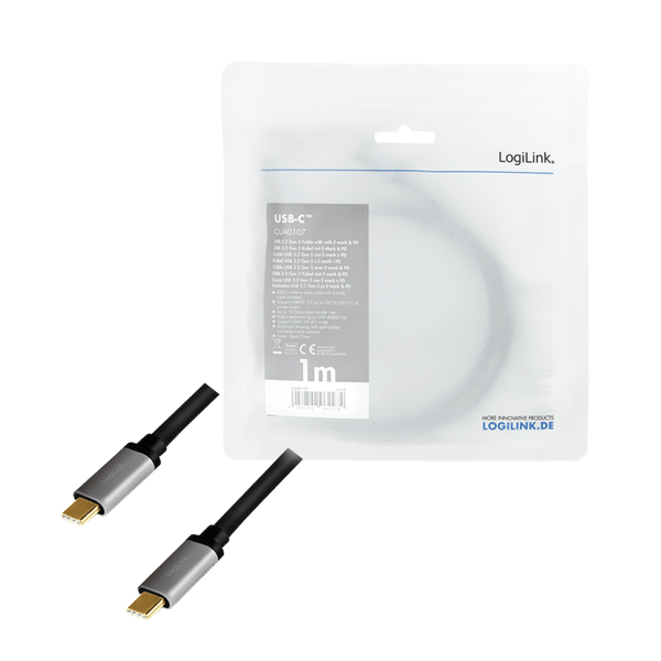 USB-C-kabel, 3.2 Gen2, LogiLink, 100W PD, 4K, aluminium, E-märkt, videodata