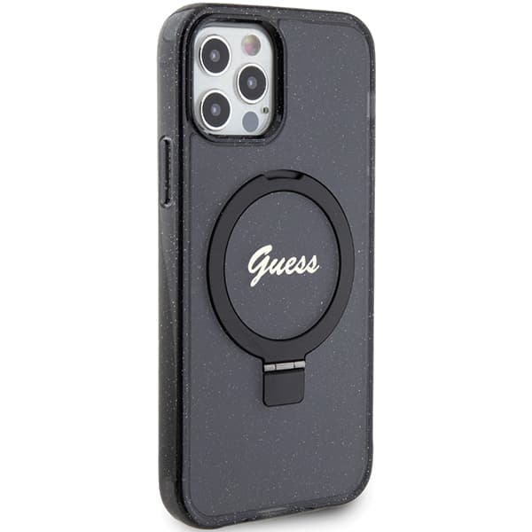 Guess Ring Stand Script Glitter MagSafe-etui til iPhone 12/12 Pro, sort
