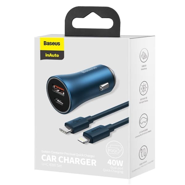 40W PD QC USB-C / USB Snabb Billaddare + Kabel för iPhone Blå