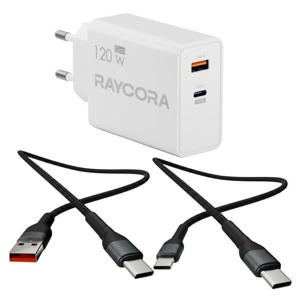 Hurtig USB C USB A oplader 120W universal strømforsyning + 2m kabelsæt