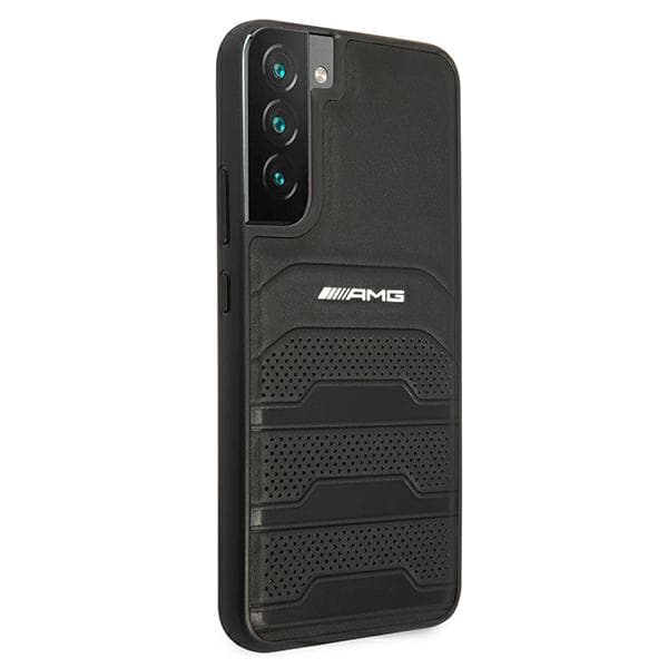 AMG lædercover med prægede linjer og sort logo til Galaxy S22+, sort