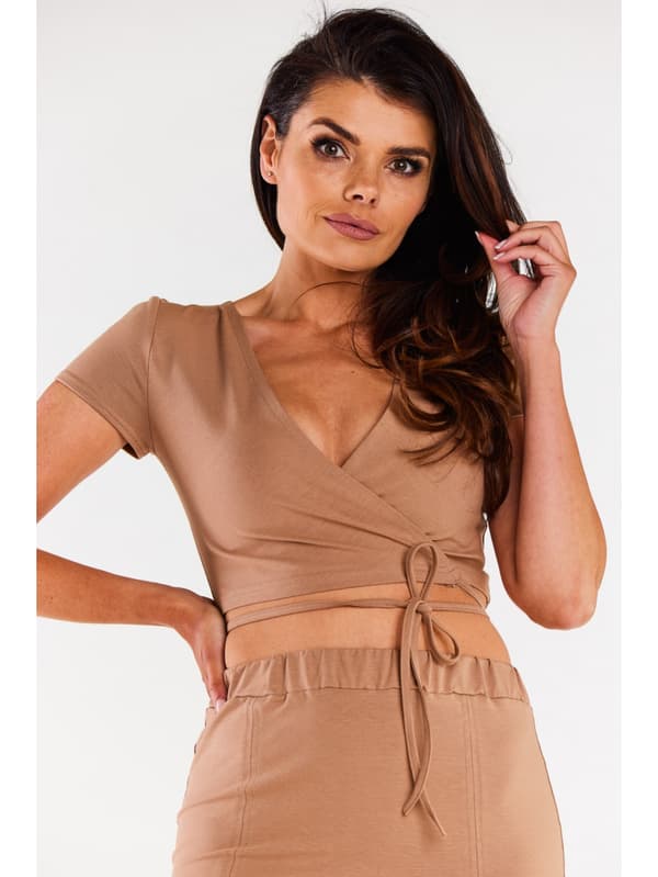 Bomulds crop top med wrap, beige M