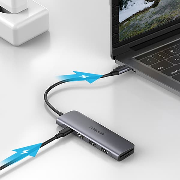 6in1 HUB -sovitin USB-C - HDMI USB-A USB-C PD SD TF -lukija - harmaa