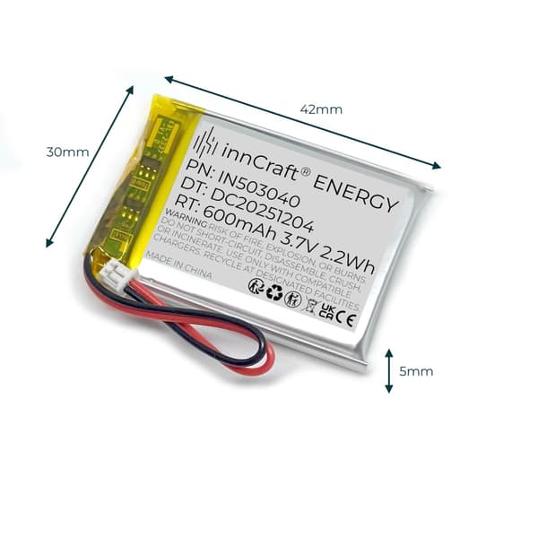 Lithiumpolymerbatteri 600mAh 3,7V IN503040