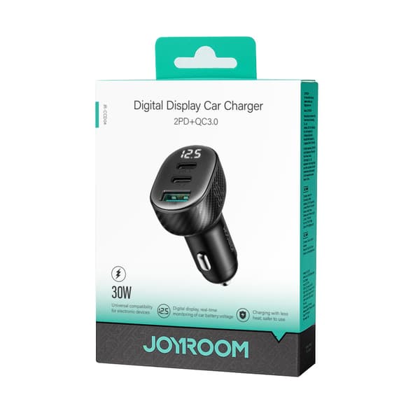 Billaddare med display 2x USB-C USB-A 30W svart