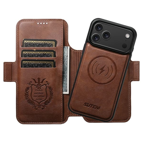 SUTENI 2-i-1 Flip-cover til iPhone 17 Pro, MagSafe-resistent, brun