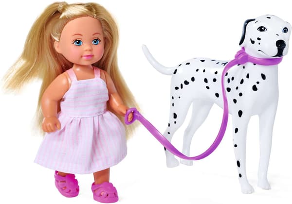 Steffi ja Evi-nukke ulkoiluttavat koiraa
