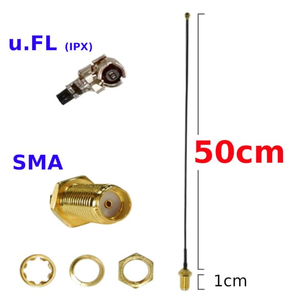 Pigtail uFL hun / SMA fatning RF1.13 50cm