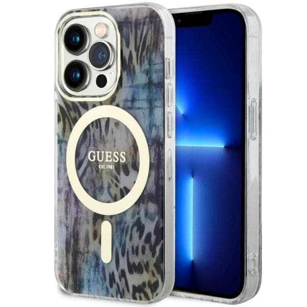 Guess Leopard MagSafe-etui til iPhone 14 Pro Max, blå