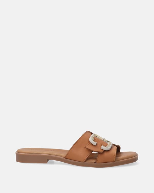 Bruna läderflip-flops med guldspänne Bruna läderflip-flops med guldspänne 36