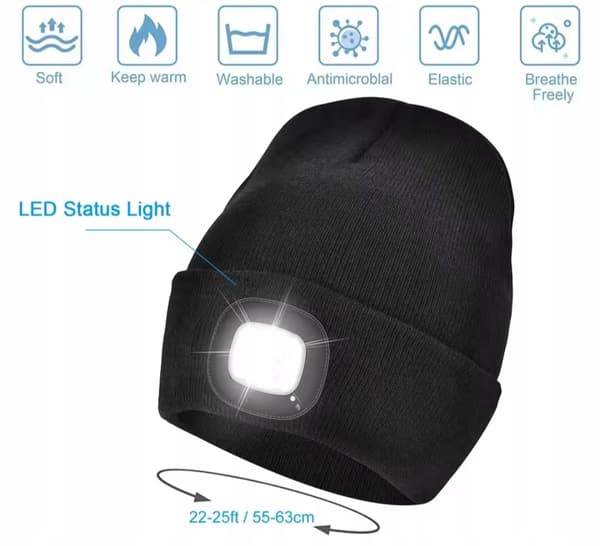 Lämmin talvipipo taskulampulla, LED-otsalampulla ja USB-latauksella.