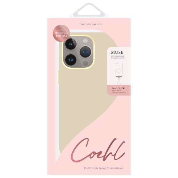 UNIQ Coehl Muse MagSafe -kotelo nauhalla iPhone 16 Pro Maxille, kermanvärinen