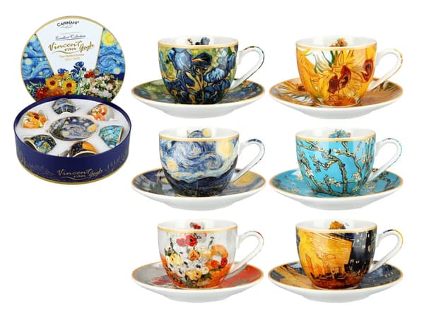 CARMANI Set med 6 espressokoppar i rund ask - V. van Gogh