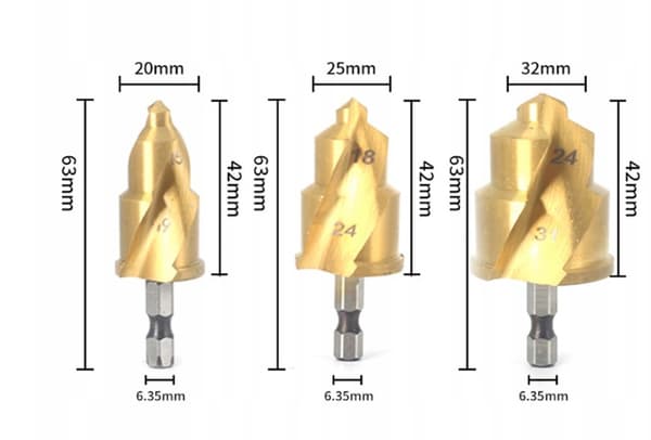 Titanium trinbor 15-31 mm til PVC-rør, sæt med 3.