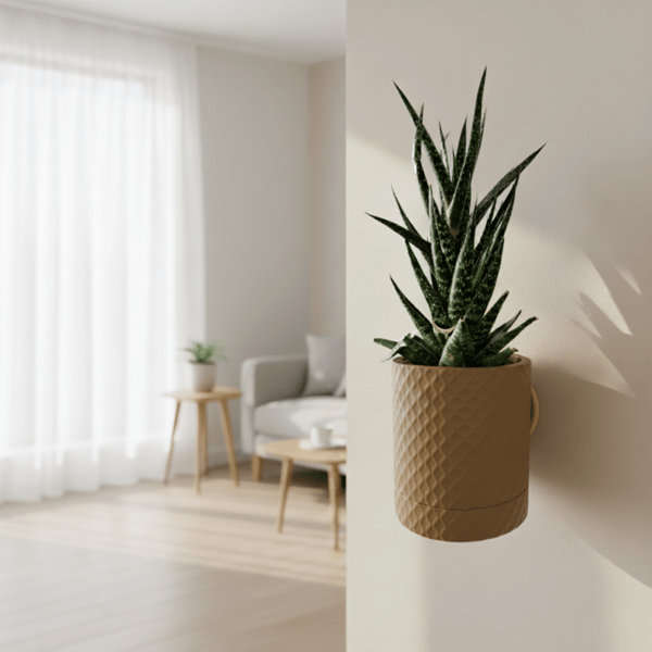 Beige blomkruka med diamantmönster och dold droppbricka