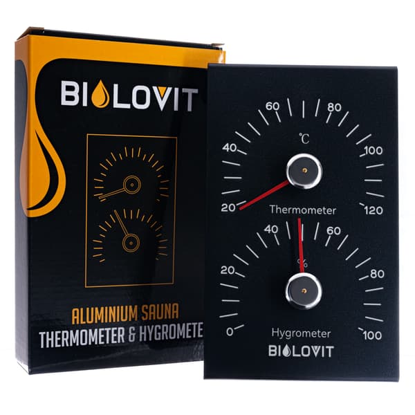Bilovit svart termometer med hygrometer för bastu