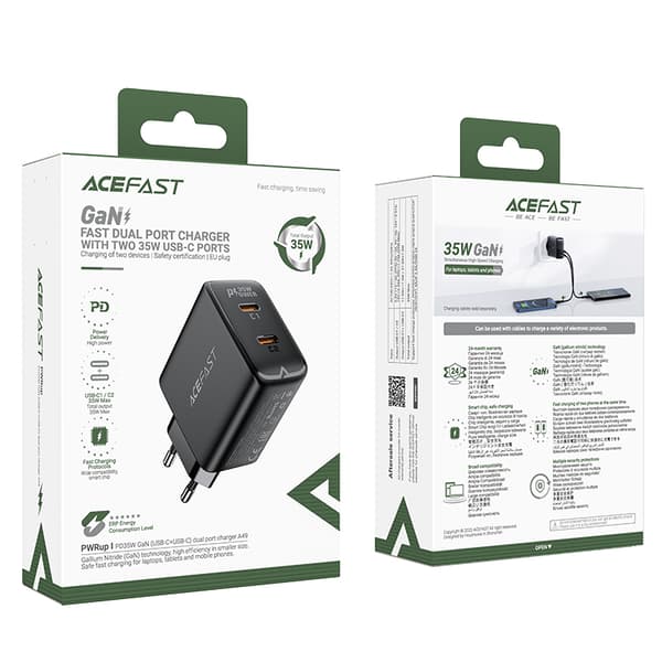 Hurtig GaN 35W PD 2x USB-C vægoplader sort