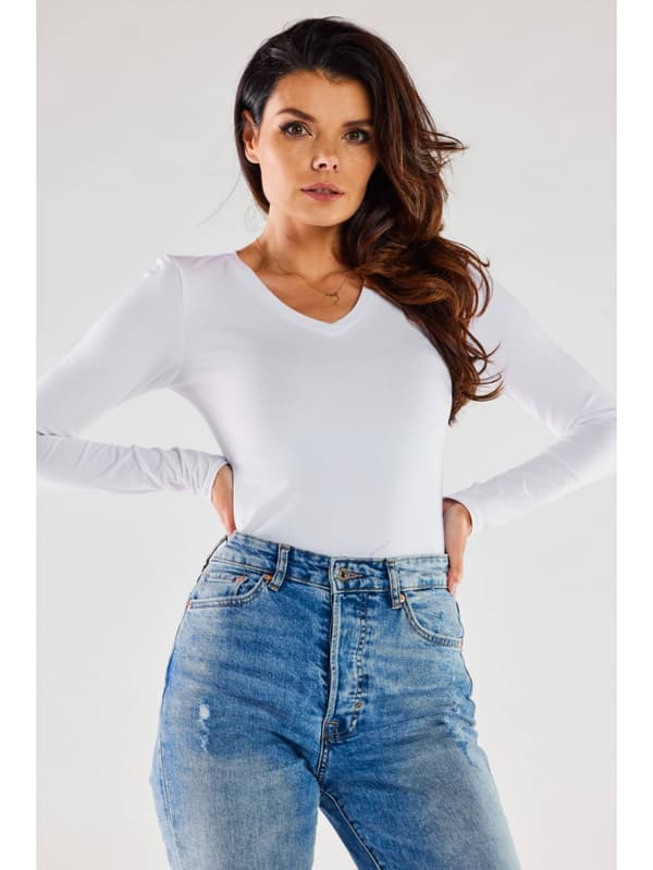 Basis bomuldsbluse med V-hals, hvid XL