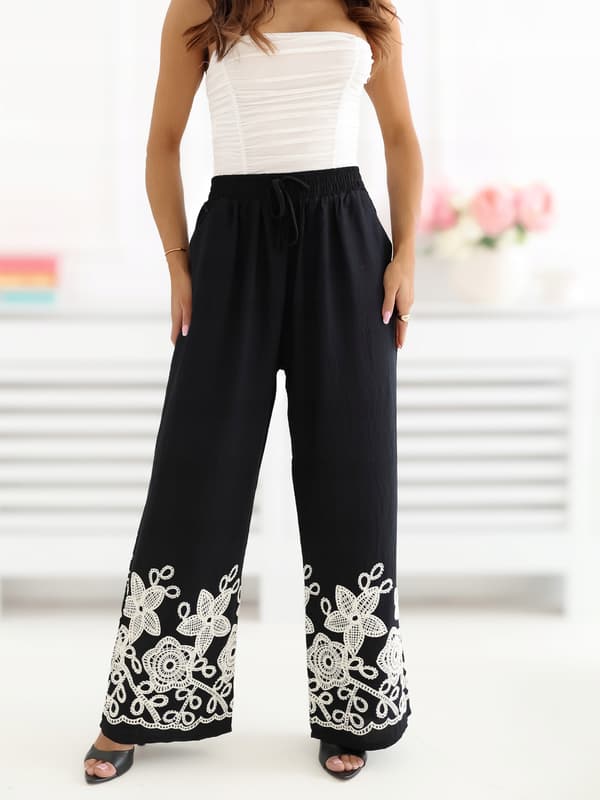 Løse sommerbukser med broderi, BOHO, sort, L / XL til damer