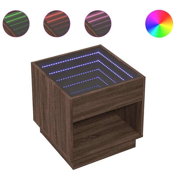 vidaXL Infinity sofabord med LED-lys brunt egetræ 50x50x50 cm