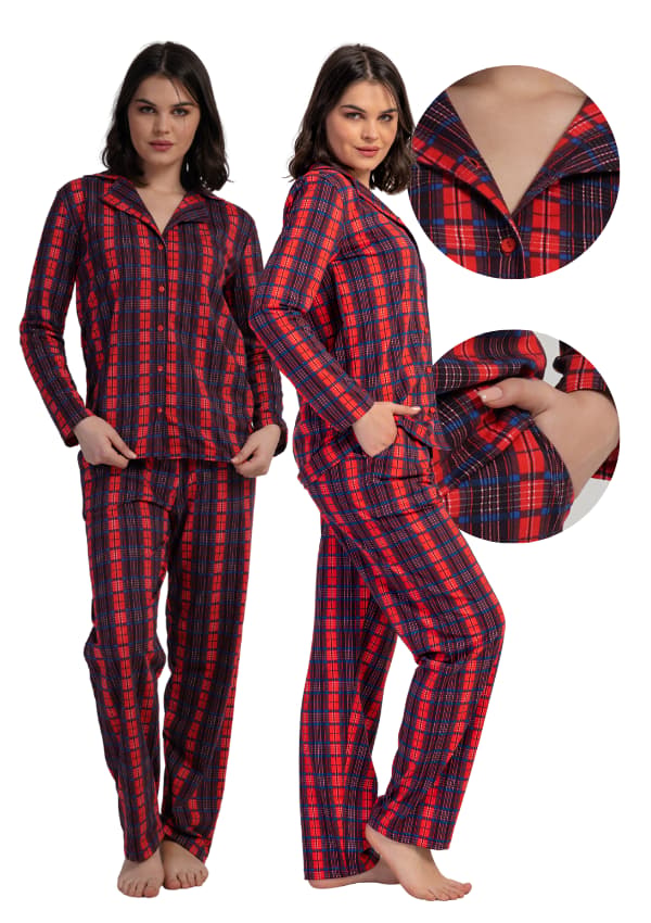 Dampyjamas i bomull, långbyxor, krage, XL Vienetta, knäppt