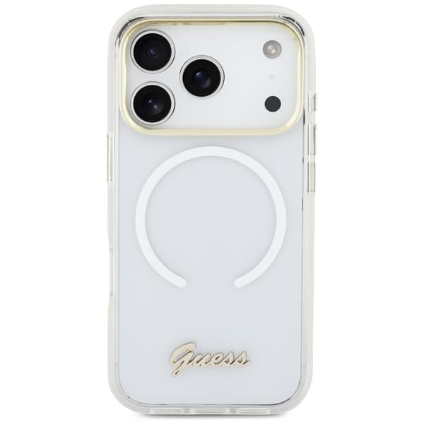 Guess IML Gradient Script Metal MagSafe-cover til iPhone 17 Pro Max, hvidt
