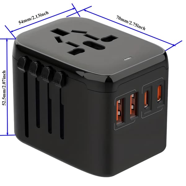 Universal rejseadapter USB-A x2/USB-C x2 til opladning, sort