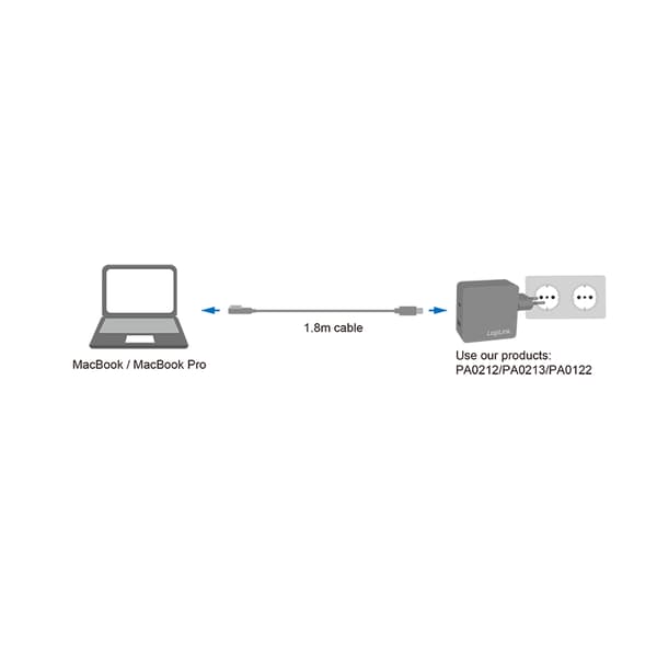LogiLink USB-C til Magsafe2-kabel, PD, 1,8 m, MacBook Pro/Air 2012-2017, sølv