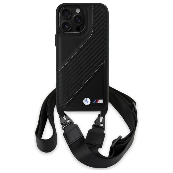 BMW M Edition Carbon Stripe & Strap -kotelo iPhone 16 Pro Maxille, musta