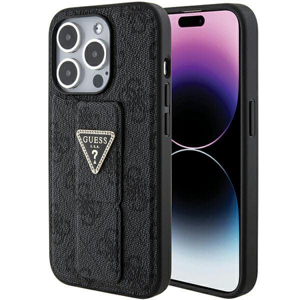 Guess Grip Stand 4G Triangle Strass-etui til iPhone 15 Pro, sort