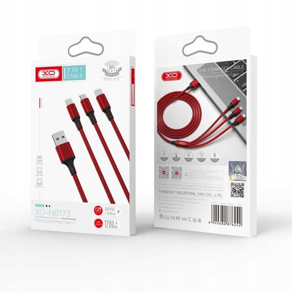 USB - USB typ C / microUSB / Lightning-kabel 1,2 m röd XO 3in1