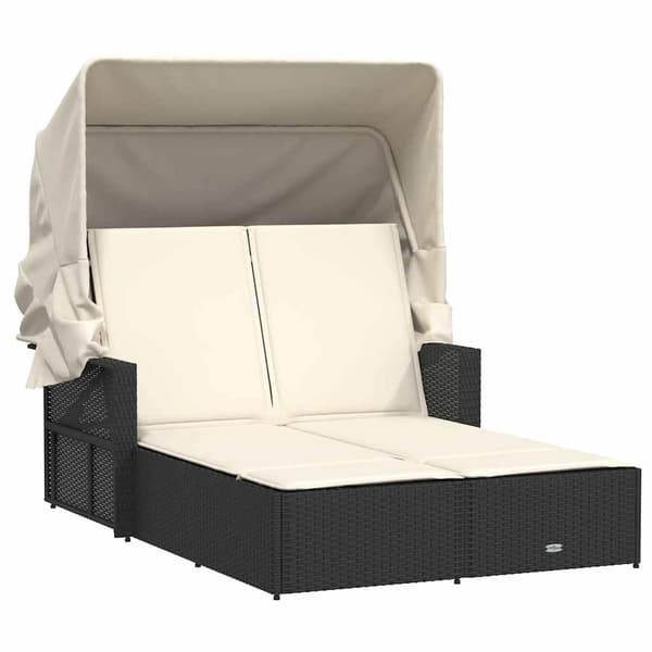 vidaXL dobbelt dagseng med baldakin og hynder, sort, polyrattan