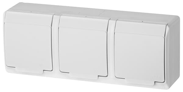 3-vejs påbygningsstikkontakt, IP44, hvid, Hermes