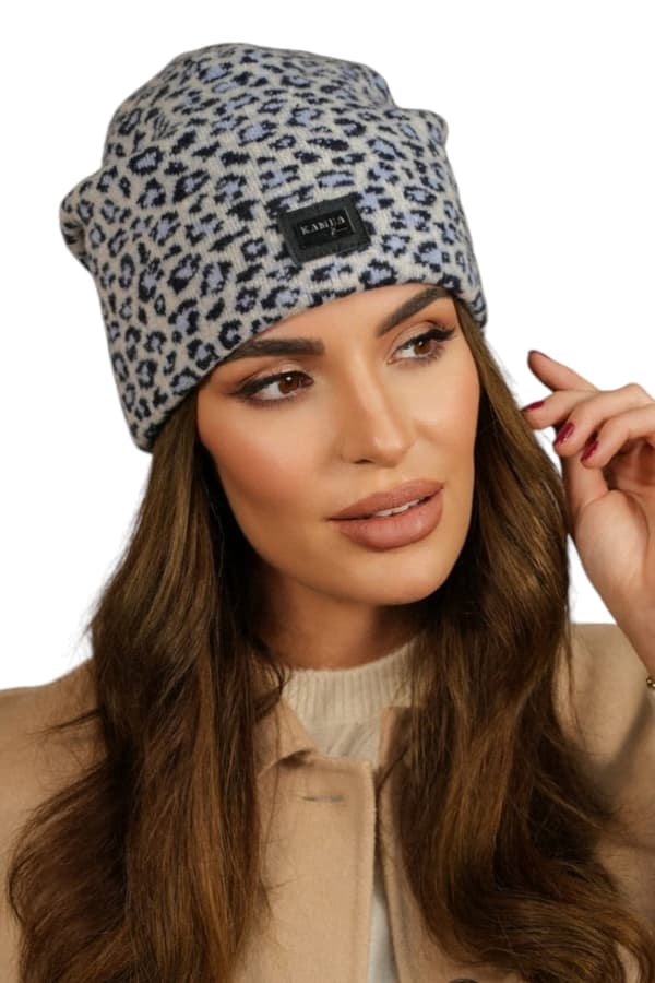 Dammössa i ull med leopardmönster och logotyp, ljusgrå Panji