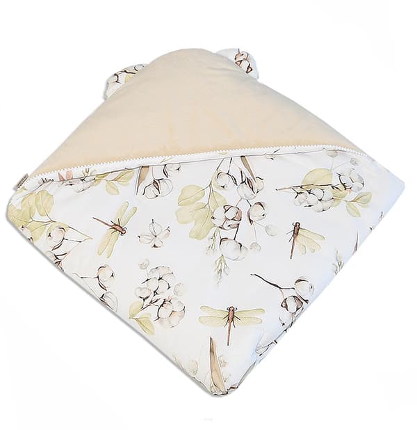 Sovsäck med huva för bilbarnstol, sammet/bomull, 100x100 cm (beige + bomullsblomma)