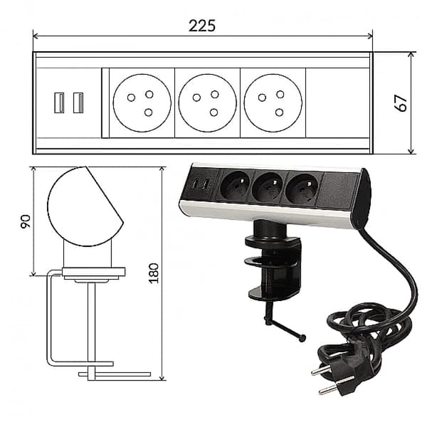 Tredobbelt møbelstikkontakt med jordforbindelse, 2xUSB-oplader, klemme, 1,8m kabel
