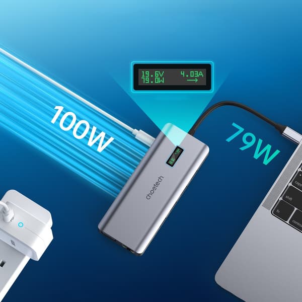 Multifunktionel HUB-adapter med display USB-C USB-A VGA AUX SD TF 12in1 Grå
