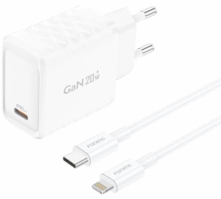 FONENG EU55 GaN PD 20W USB-C Vægoplader + USB-C-Lightning Kabel Hvid