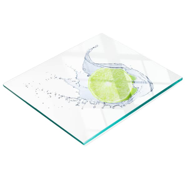 Köksbricka i härdat glas med limefärgade bilder, 60x52 cm