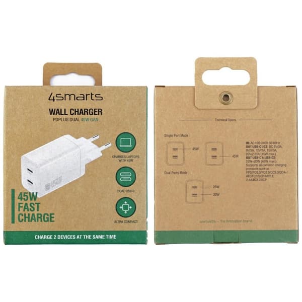 4smarts PDPlug Dual 45W GaN 2xUSB-C Vægoplader Hvid
