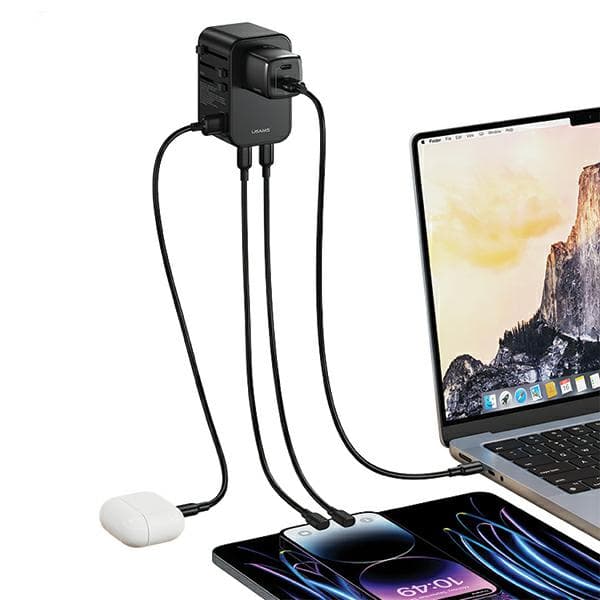 USAMS 1xUSB+2xUSB-C T62 65W 4-i-1 netværksadapter US/AU/EU/UK sort