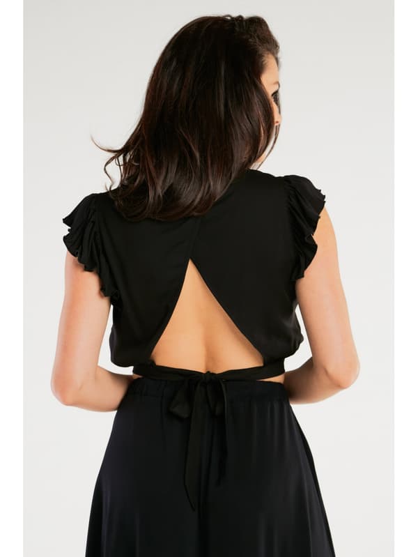 Sort viskose crop top med åben ryg