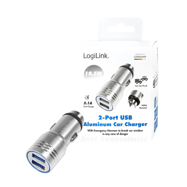 Logilink 10,5W USB-billader med nødhammer 2xUSB 5V/2,1A