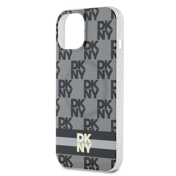 DKNY IML MagSafe-etui med ternet monogrammønster og trykte striber til iPhone 15 Plus, sort