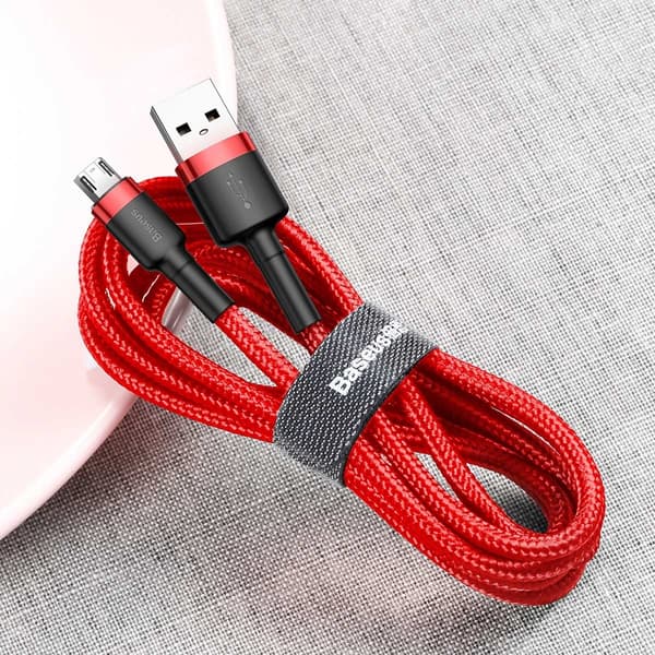 Holdbart fleksibelt kabel USB microUSB QC3.0 2.4A 1M rød