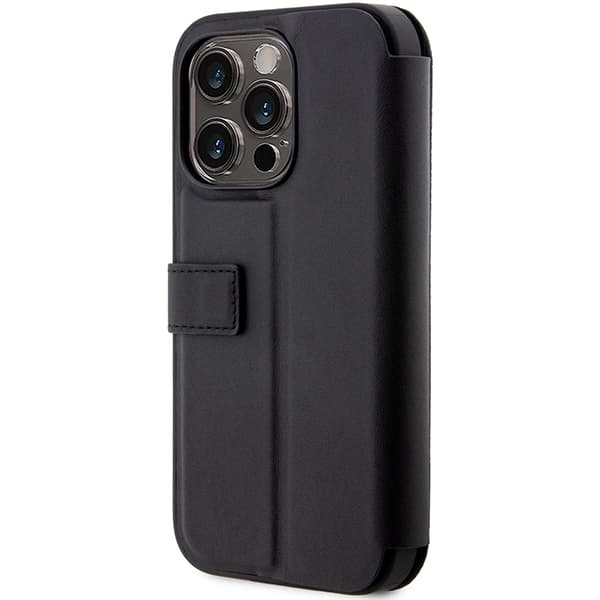 BMW Læder Flip-etui med Stamp og Blå Linjer til iPhone 14 Pro, Sort