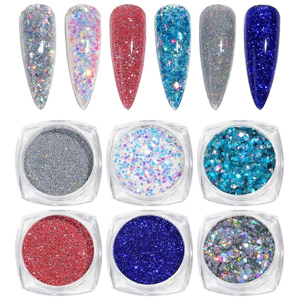 6x Glitterpulver til neglekunst - Sæt 016
