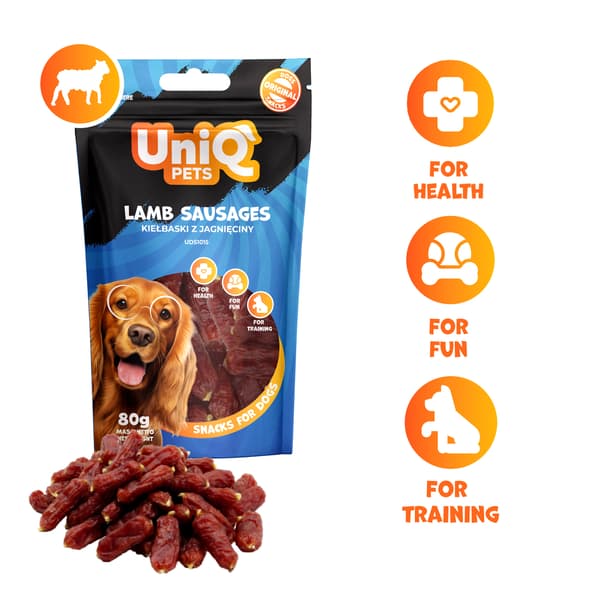 Delikatess, snack til hunde Bløde lammepølser UniQ Pets 80g